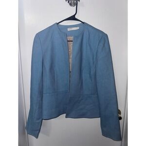 Perry Ellis Womens Blue White Striped Collarless Open Front Blazer Jacket Size 4